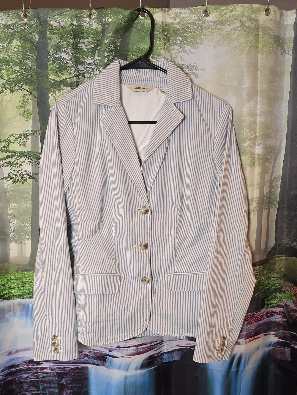 L.L. Bean Women's Light Blue and White Pinstripe Blazer